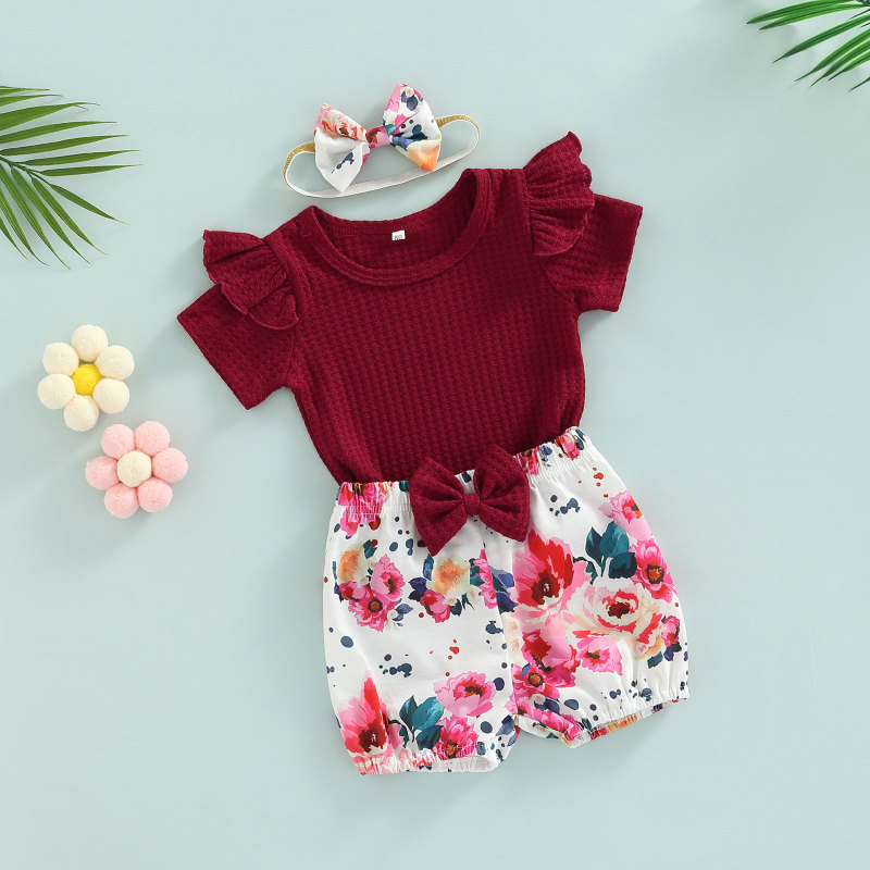 Conyson Summer Cute Baby Girls Summer 3Pcs Clothes Sets Solid Color Short Sleeve T-shirt + Floral Lantern Shorts Headband Sets