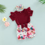 Conyson Summer Cute Baby Girls Summer 3Pcs Clothes Sets Solid Color Short Sleeve T-shirt + Floral Lantern Shorts Headband Sets