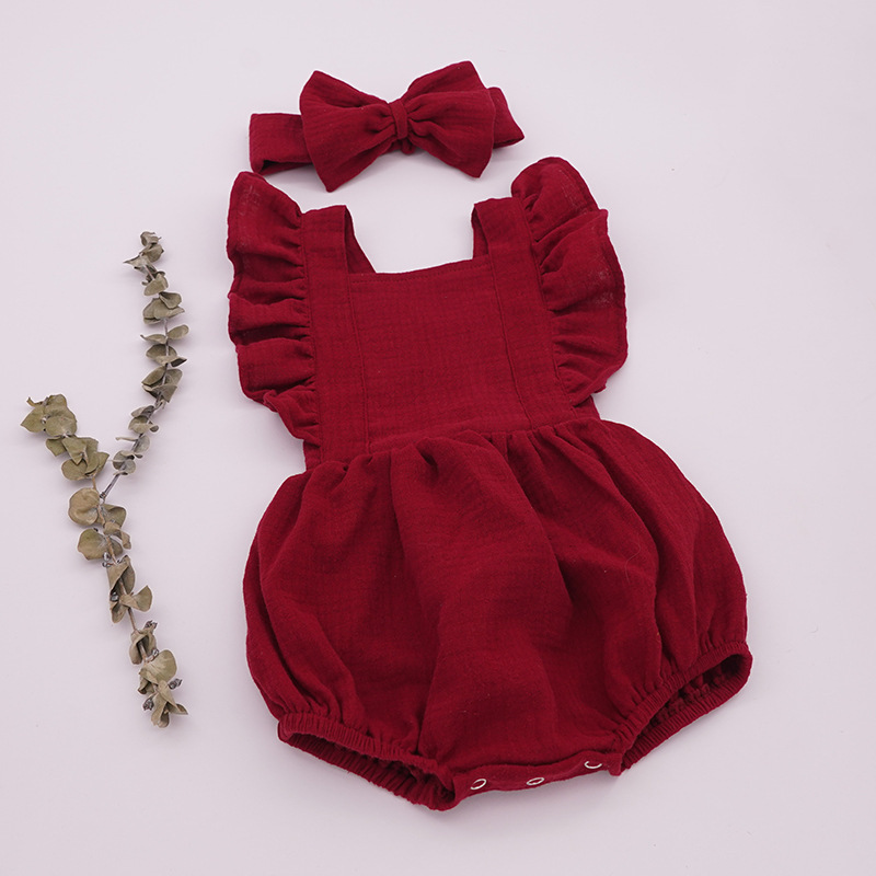 Conyson Hot Sale Summer Sleeveless Jumpsuit With Headband 2Pcs Sets Sweet 100% Cotton Baby Girl Rompers
