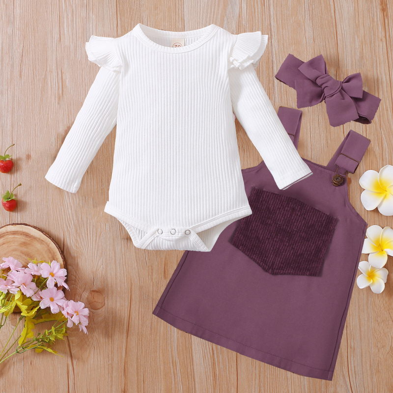 Conyson Wholesale Baby Kids Girls Solid Stripes Long Sleeve Romper Tops Pocket Suspender with Headband 3Pcs Clothing Skirt Set
