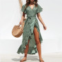 Conyson Wholesale Short Sleeves Prom Elegant V-neck Fashion Ruffles Polka Dot Floral Maxi Split Beach Lady Casual Women Dresses