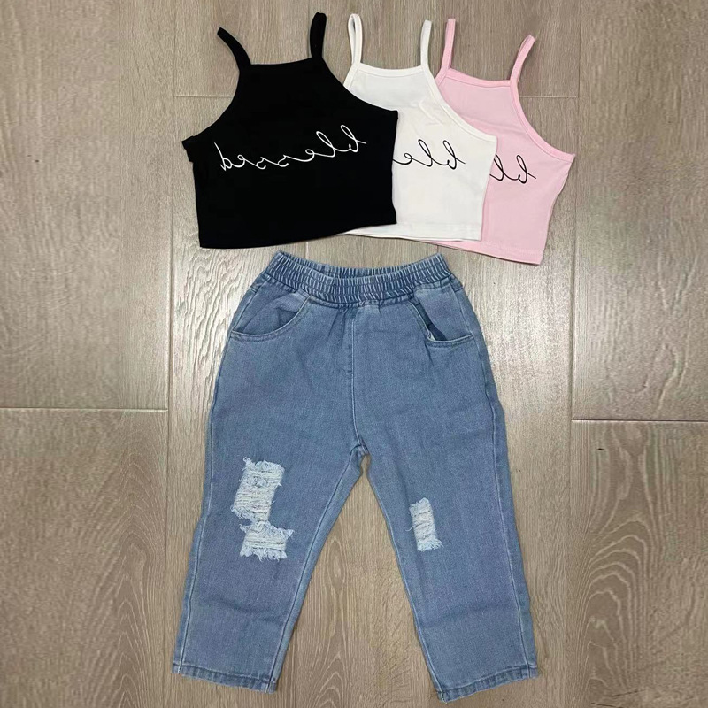 Conyson Custom Baby girl Clothing Girl Outfits Halter Short Sleeve Off Shoulder T-shirt Tops+Hole Pant Leggings 2PCS Outfit set