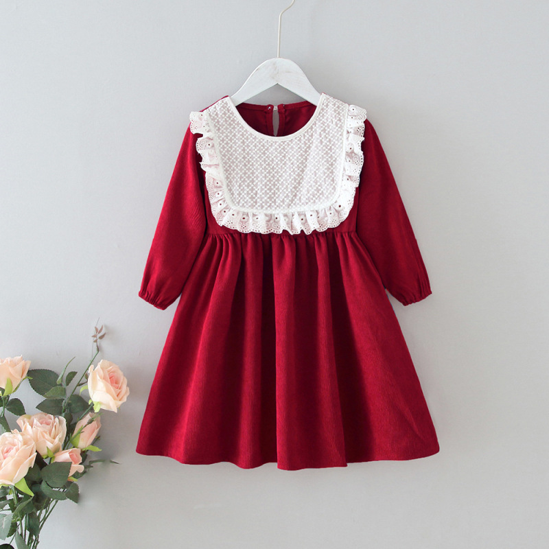 Girls' Corduroy Round Neck Retro Cotton Baby Dress Baby Long sleeve Casual Dress