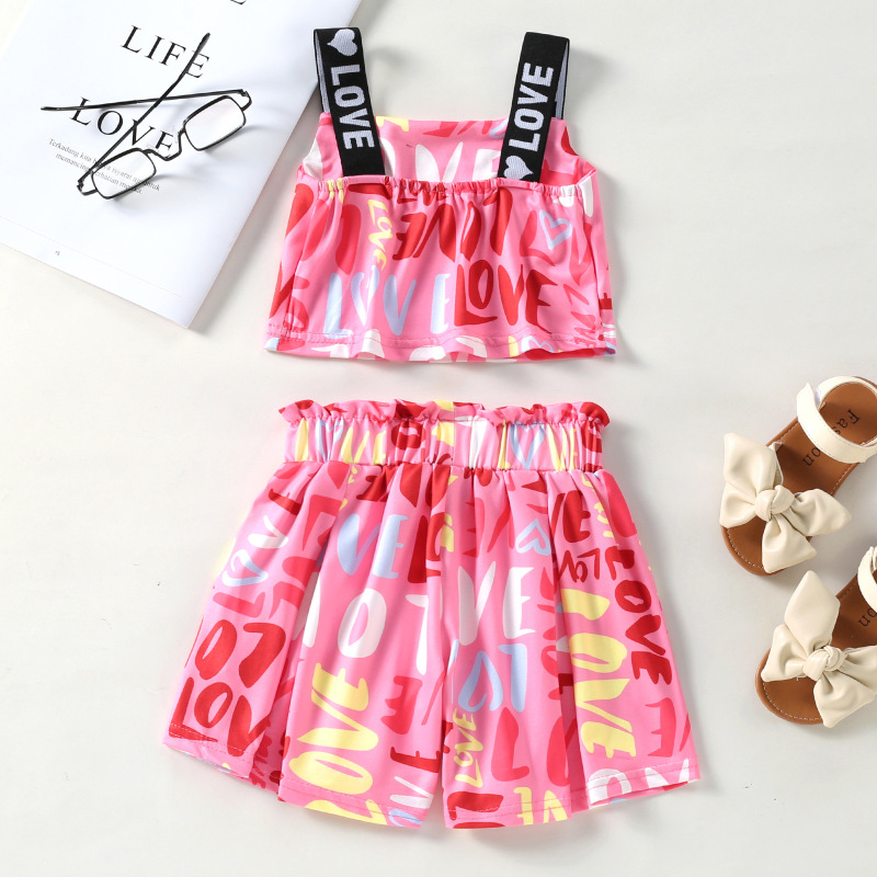 Conyson Wholesale Summer Kids Clothes Baby Little Girls Sleeveless Halter Vest Graffiti Love Letter Print Shorts Casual Outfit