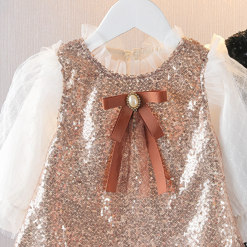 Conyson New Fall Kids Girl Clothing Mesh Long Ruffle Sleeve Shiny Sequin Bow Mid Dress Elegant Princess Party Dresses