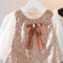 Conyson New Fall Kids Girl Clothing Mesh Long Ruffle Sleeve Shiny Sequin Bow Mid Dress Elegant Princess Party Dresses