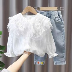 Conyson New Arrival Sweet Lapel Lace Blouse And Jeans 3 to 8 Years Old Kids Girls Fashion Size Two Piece Spring Autumn Sets