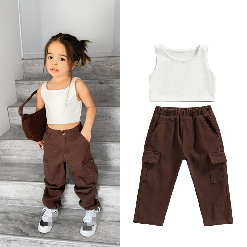 Conyson Summer Causal Kids Girls Clothes Sets Solid Sleeveless Vest Tops+High Waist Pocket Pants Casual Fancy Outfit Clothes Set