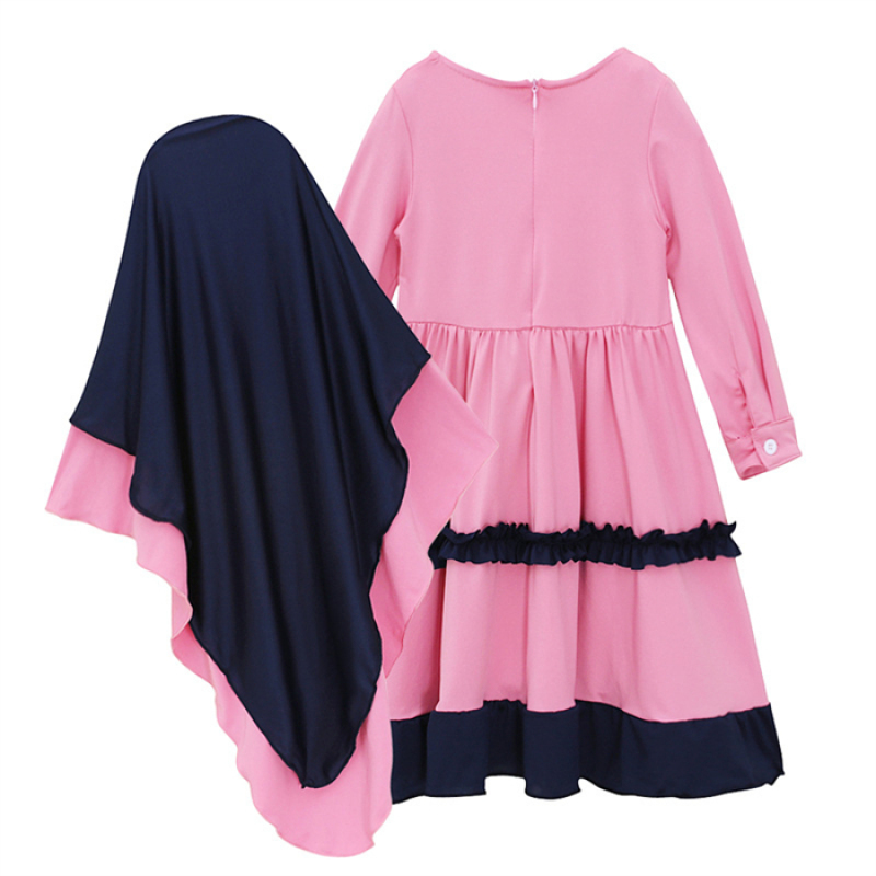 High Quality Islamic Clothing Muslim Girls Eid Dress Abaya Kids Conservative Long Skirt Bow Scarf Solid Color Ruffles Two Pieces