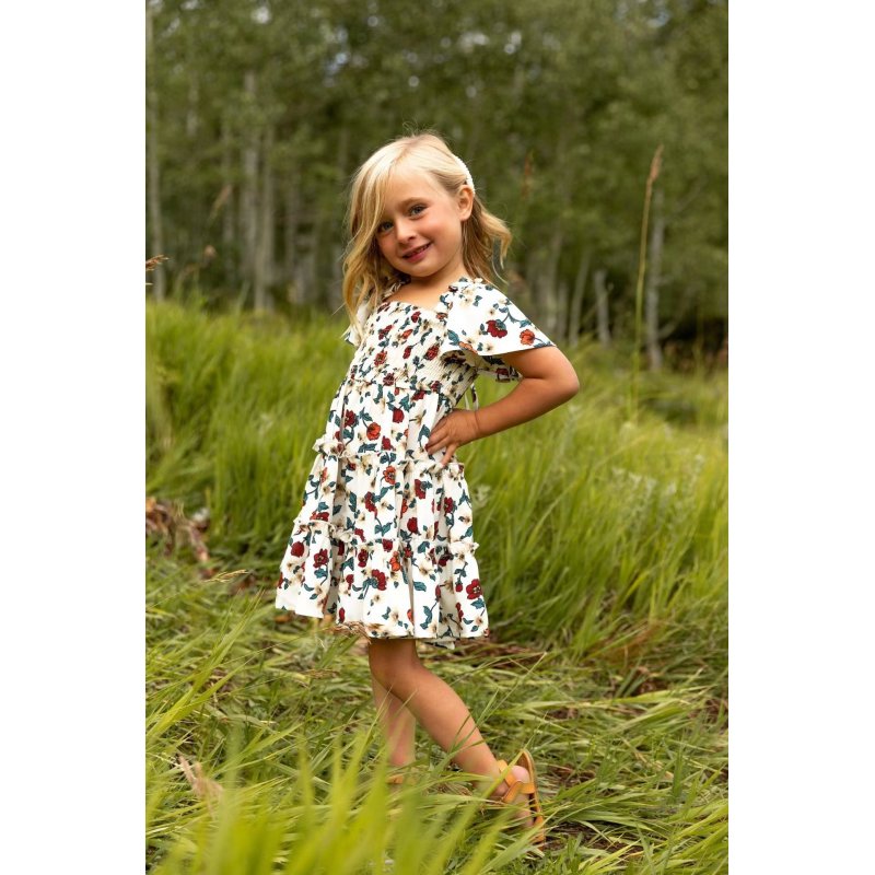 Conyson New Arrivals Summer Fashion Shirring Design Square Collar Sweet Puff Sleeve Lattice Floral Girl Formal Princess Dress