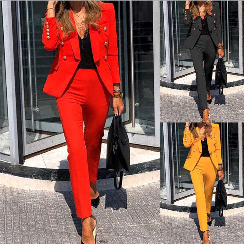 Online order ready to ship two piece solid color woman clothes set top fashionable women elegant dress suit long for office work