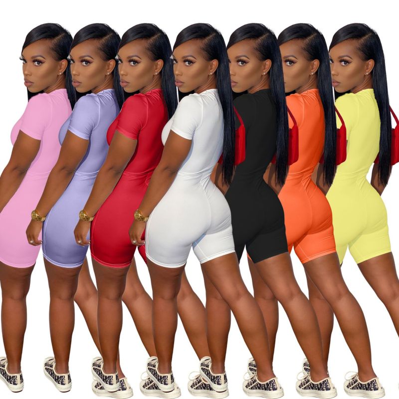high quality new arrival fashion Summer designer Solid color Custom logo women one piece zipper clothing adult Ribbed clothes
