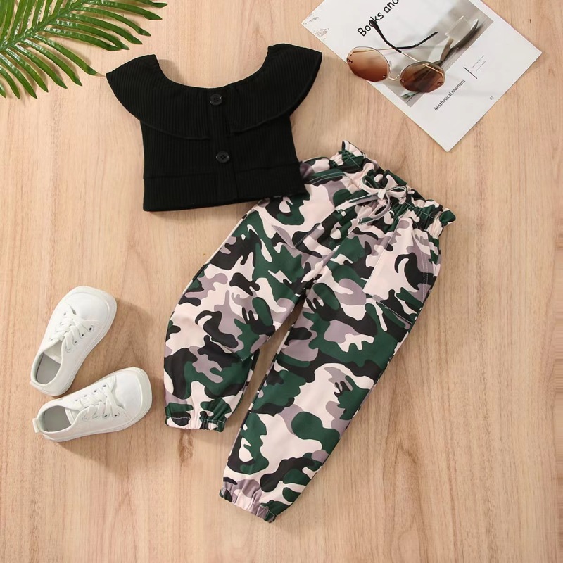Conyson Summer Cool Girls Clothes Suits Black Knit Sleeveless Top+Camouflage Long Pants Kids Girl Casual Outfits