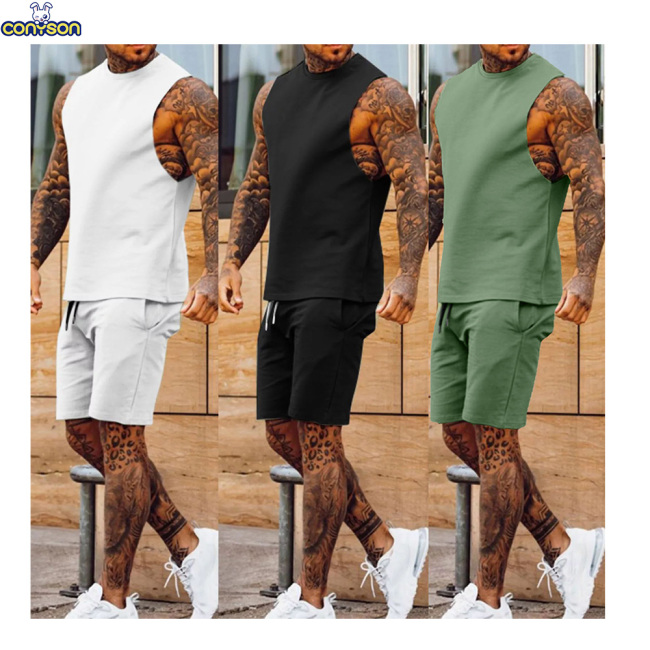 Conyson wholesale summer full set cotton clothes sport wear top and short beach jogger 2 pieces tracksuit men sets