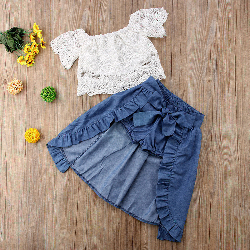 Conyson Wholesale Fashion Summer Children's Girls Clothes Suits Lace High Waist Top Denim Shorts Skirts 3 Pieces Elegance Sets