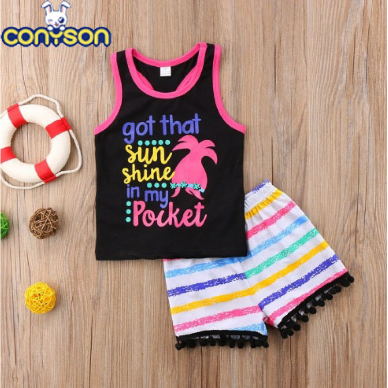 Conyson rts korea fashion summer Children's print rainbow cotton clothes infant kid short suit two-pieces vest girl clothing Set