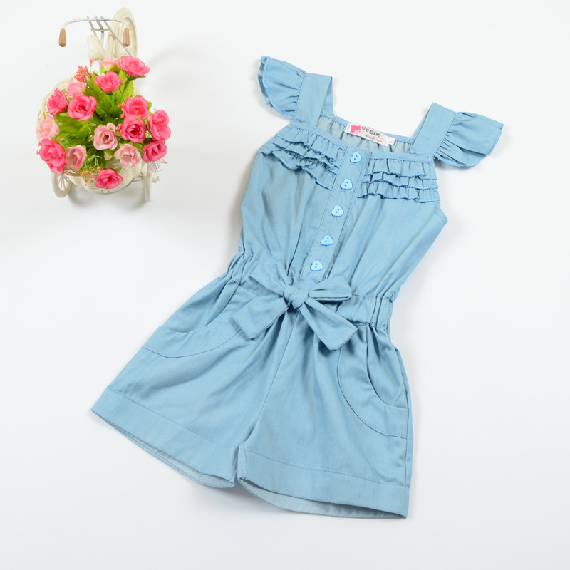 Conyson High Quality Euramerican Summer New Small Fly Sleeve Denim Overalls Kids Clothes Short Trousers Toddler Girls Suspender