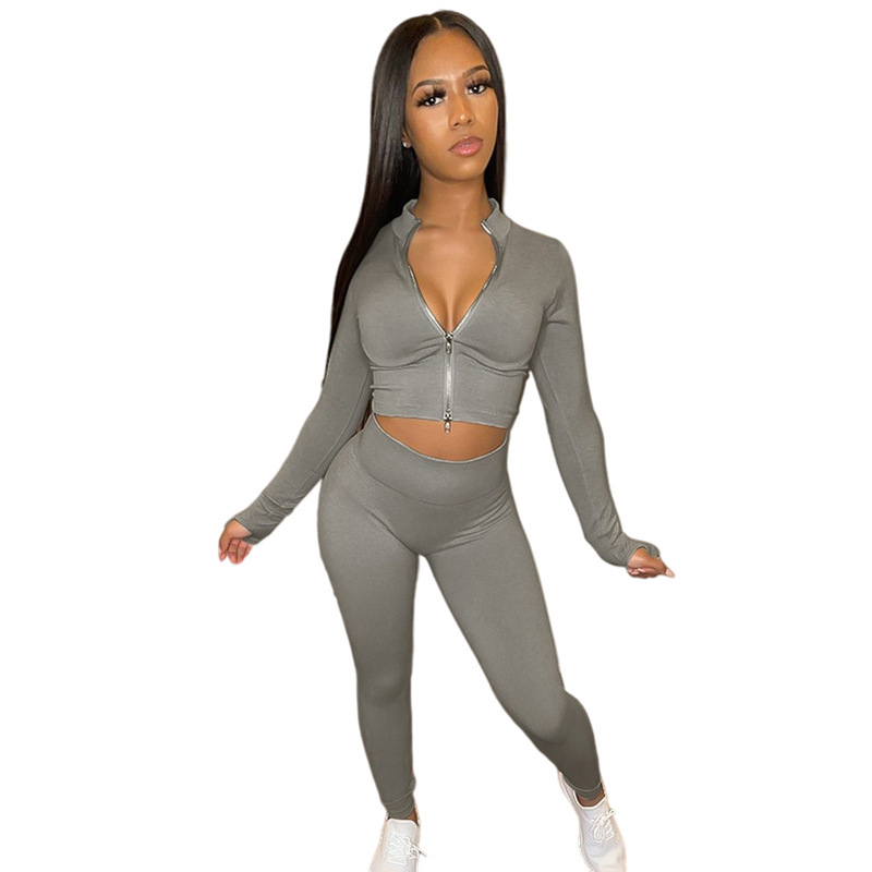 New Design Spring Sexy Women Active Wear Thongs Outfits Women's Set Rib Knit Zipper Bodycon Crop Top Legging 2 Piece Women Set