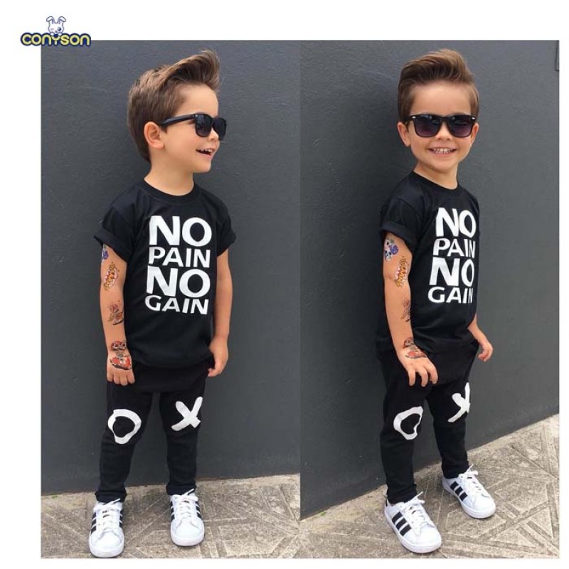 Conyson Summer Cotton Sweats Letter Printed Top+Long Pants Soft T-shirt Suit Sets Black 1-7Y Kids Boys Outfits Sets