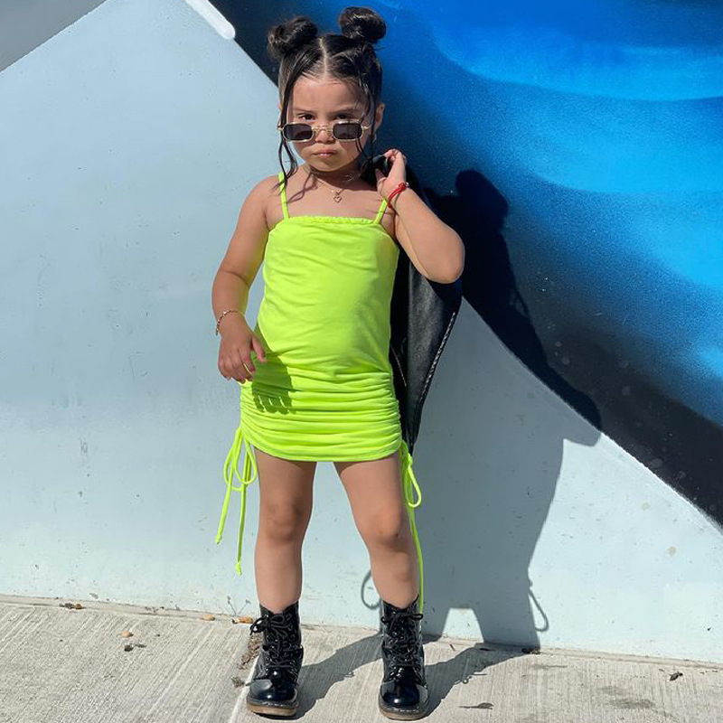Conyson Wholesale Summer New Fashion Kids Clothes Halter Sleeveless Drawstring Skirt Solid Designer Little Girls Dress for Kids