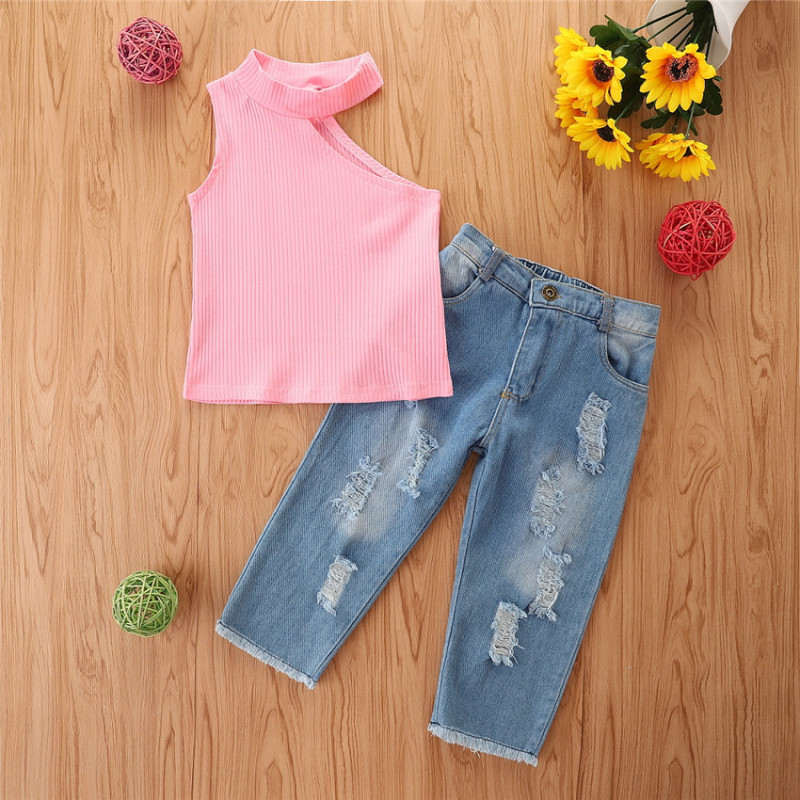 Conyson Wholesale Kids Clothes Fashion Summer Kids Girls Clothes Sets 2pcs Off Shoulder Halter Solid Tops Hole Blue Denim Pants