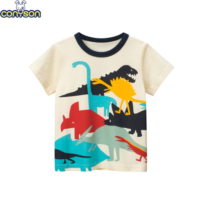 Conyson 2023 Wholesale Hot Sale Friendly Skin Cute print dinosaur Boys Boutique Clothing Kids 100% Organic Cotton Stripe shirts