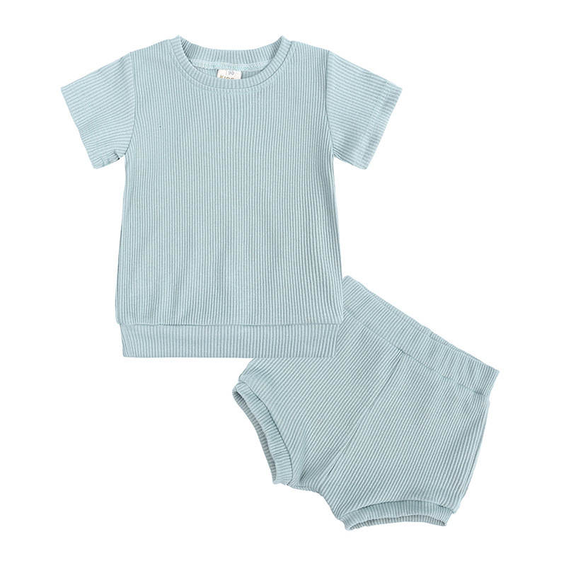 Cotton Casual Summer Newborn Baby Boys Girls Outfits Suit Ribbed Knitted Short Sleeve T-shirts Tops+Shorts 2Pcs Kids Tracksuits