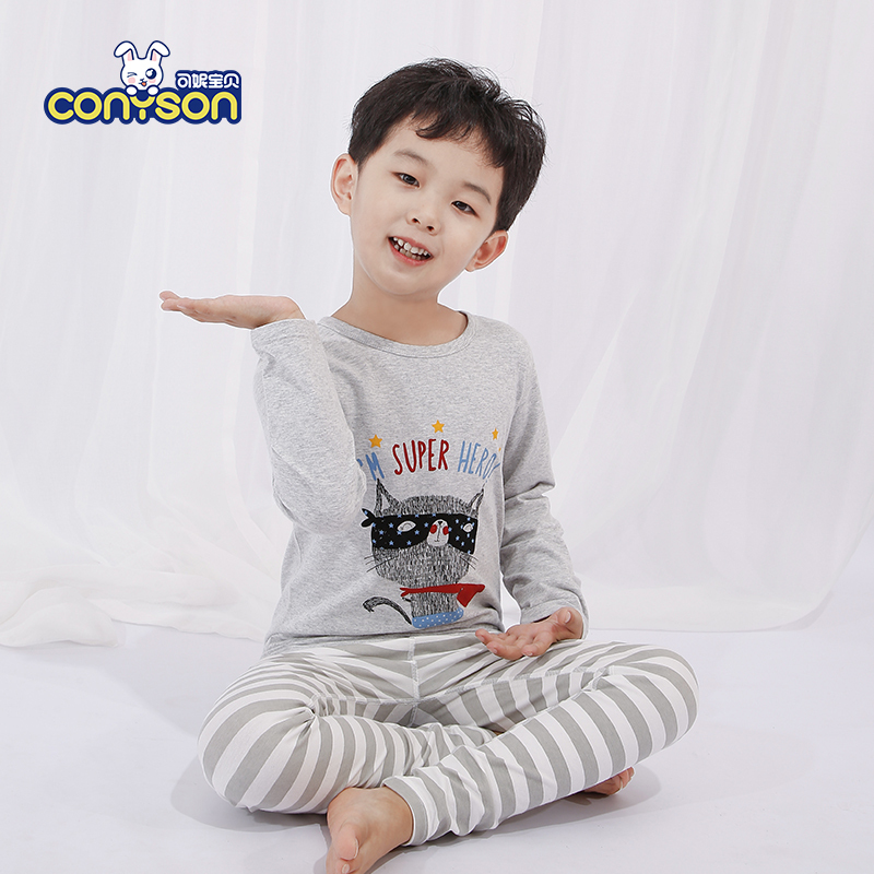 Conyson Wholesale Cotton Casual Long Sleeves Animals Printing Knitted 2Pcs Infant and Toddler Pajamas For Boys