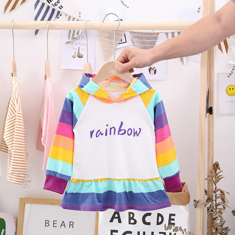 Conyson wholesale fashion boutique autumn sweaters baby Kids Clothing Girls Rainbow hoodie Rabbit Ear clothes long Sleeve Dress