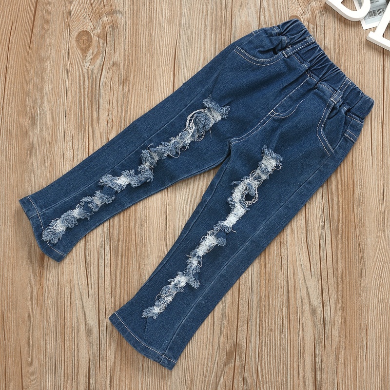 New Style Kids Bell Bottom Pants Navy Blue Elastic Denim Jeans Little Girls Flared Jeans