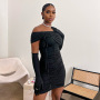 One Neck Skinny Sheath Dress Solid Color High Waisted Slim Cut Pleated Rope Drawing Design Party Evening Dress