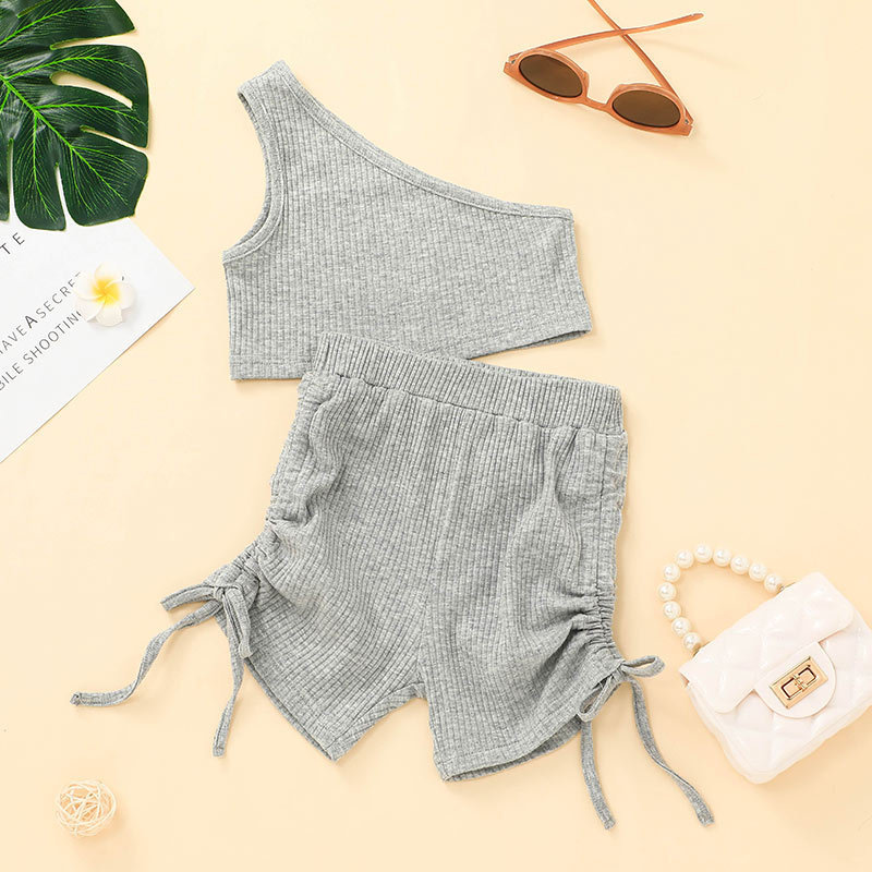 Conyson Hot sale children one shoulder biker 2-piece Outfit Set One Shoulder Set Daily Wear' crop top with biker shorts set