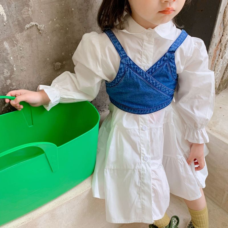Spring Autumn Girls Set Baby Long Kids Fashion Suit Wholesale Long Sleeve Spring Kids Shirt Dress Denim Vest