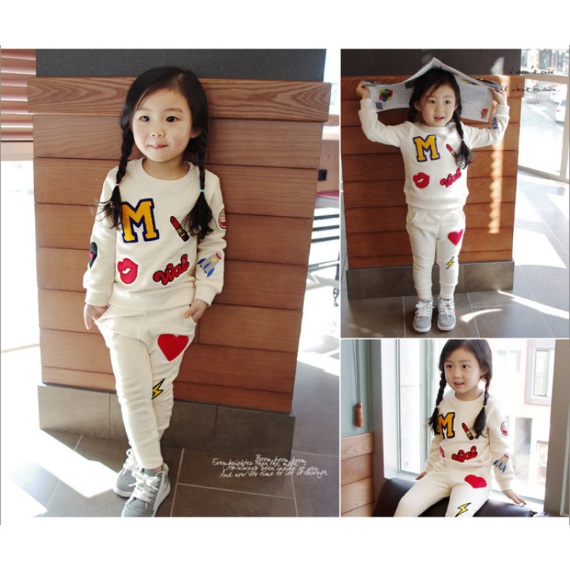 Latest Design Non-hooded Long Sleeves Cute Girl Alphabet Track Cartoon Girl autumn Kids Clothing Sets