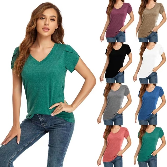 Conyson Hot Wholesale Casual Style Spring Summer Plain V Neck Petal Sleeve Loose Oversize Women White Tops Short T-shirt