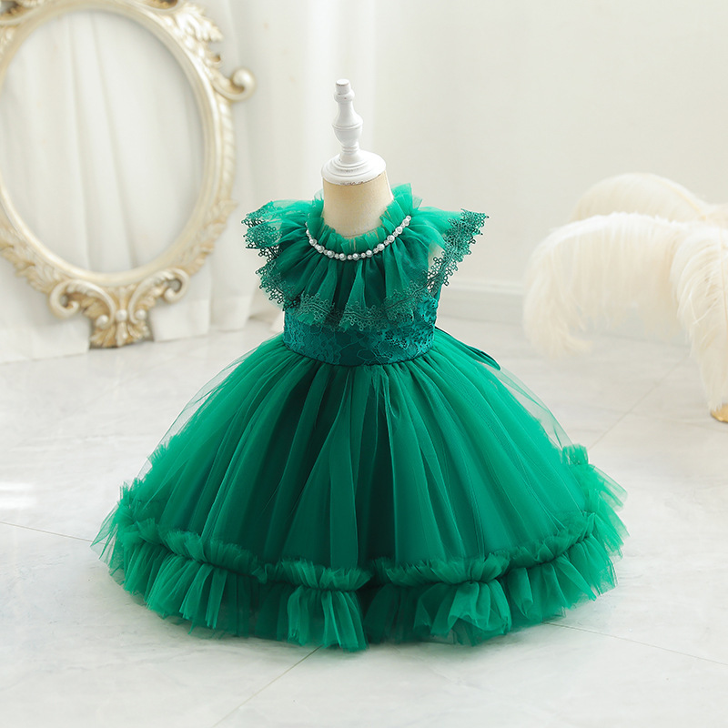 Conyson Hot Sale flower Girl Dress Mesh Birthday Princess Dress Puff European Style Embroidery Pearls Collar Sleeveless Dress