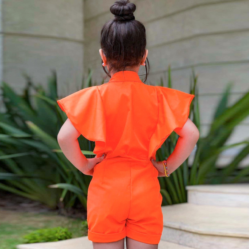 Conyson Wholesale Hot Kids Clothes Summer Short Flying Ruffles Sleeves Zipper One Piece Little Girls Jumpsuit Casual