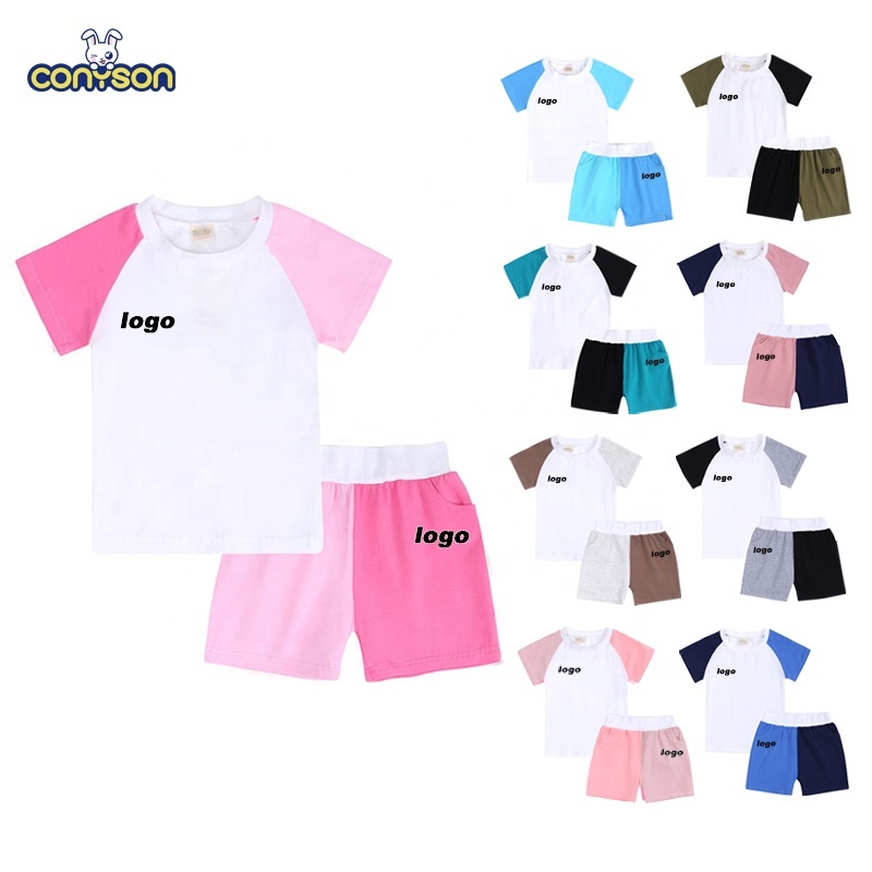 Conyson Custom Logo Summer Bicolor Cotton T Shirt Shorts Toddler Boy Clothing Sets 3M-13Y Kids Girl Clothes 2 pcs Casual Outfits