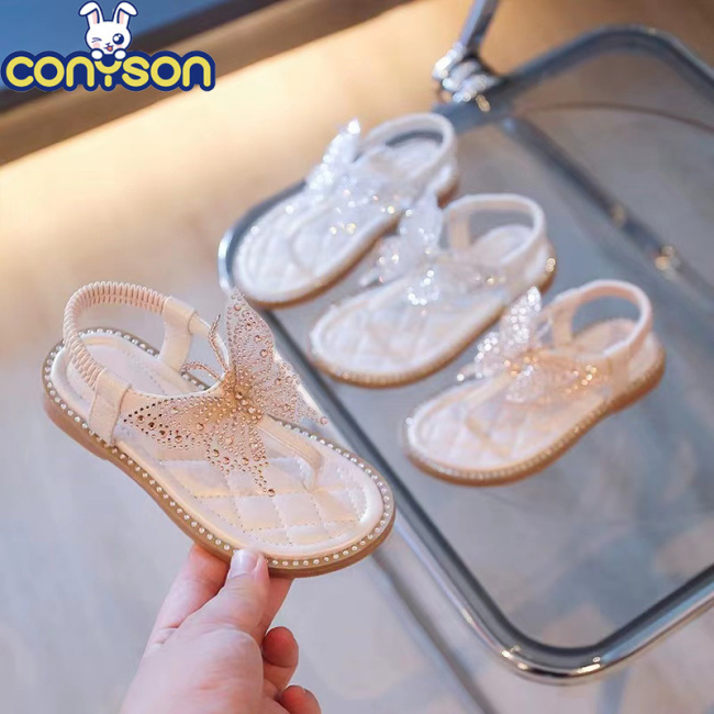 Conyson Low MOQ New Children Butterfly Rhinestones Shining Kids Party and Wedding Princess Shoes Baby Girls Pinch Toe Shoes
