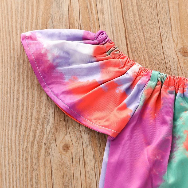 Conyson Wholesale Hot Sale Summer Kids Clothes Tie-dyed Print Fantasy Short Sleeve Pullover Denim Shorts Headband 3pcs Sets Kids
