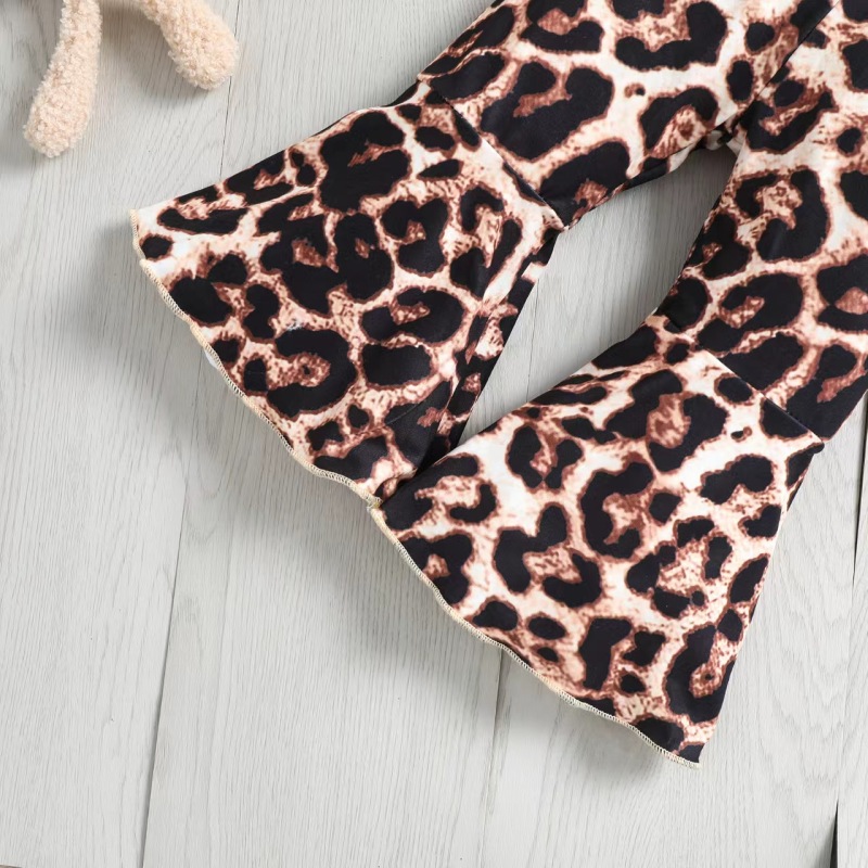 Conyson Baby Girl Clothes Set T-shirt Tops+ Leopard Print Bell-bottomed Pants Flared Pants Outfits Kids Clothes Girls Set