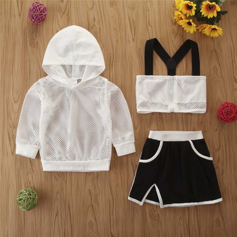 New Summer Kids Girl Sports Clothes Set Girls Hooded Shirt Vest Pants Girl Suspenders Vest 3pcs Outfits Kids Cotton Hollow Cloth