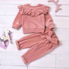 Winter Warm Toddler Baby Girls Velvet Outfits Sets Round Neck Ruffle Trim Top Elastic Waist Pant 2pcs Kid Clothes