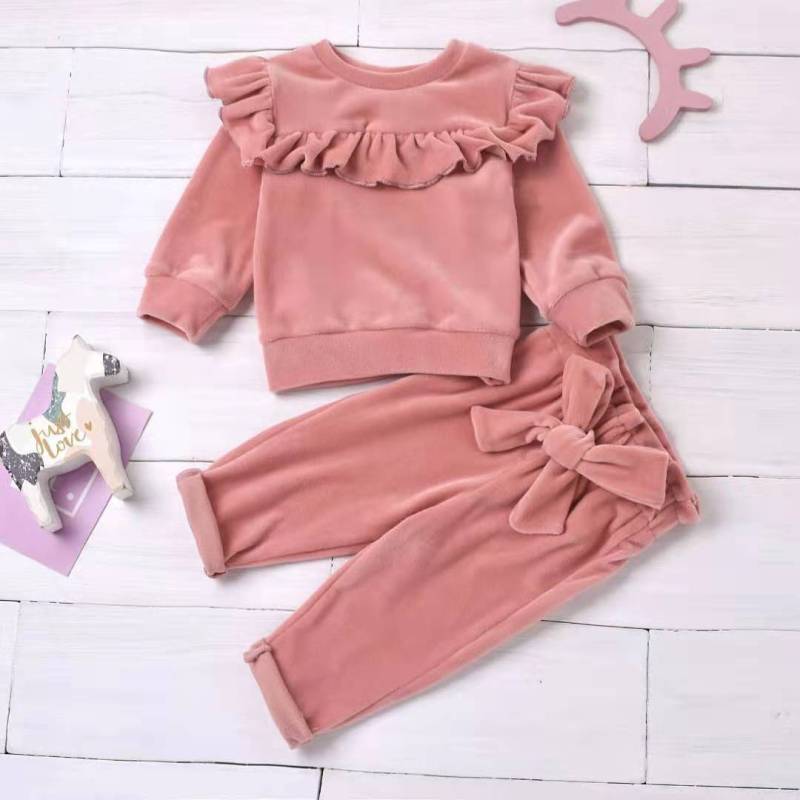 Winter Warm Toddler Baby Girls Velvet Outfits Sets Round Neck Ruffle Trim Top Elastic Waist Pant 2pcs Kid Clothes