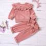 Winter Warm Toddler Baby Girls Velvet Outfits Sets Round Neck Ruffle Trim Top Elastic Waist Pant 2pcs Kid Clothes