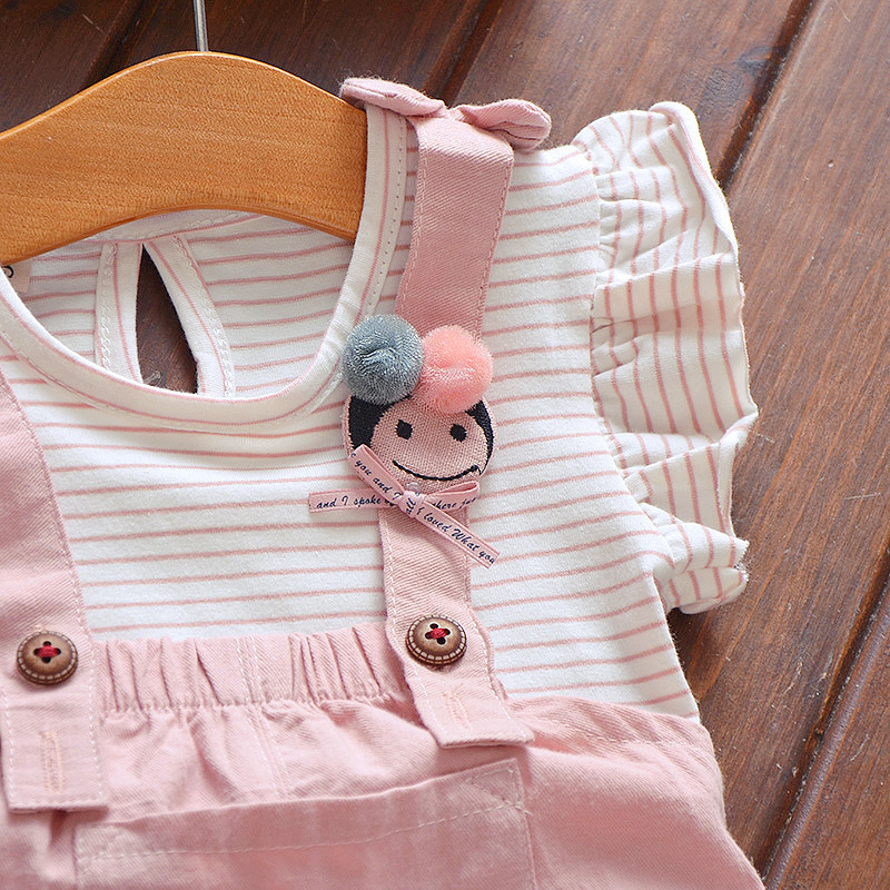 2021 Children's Cute Stripe High Quality Summer New Fashion Little Girls Striped Blouse With Suspenders 2 Piece Set