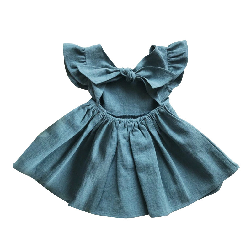 Summer Girls Ruffle Sleeve Dress Bow Princess Dress Organic Fabric Girls Dress