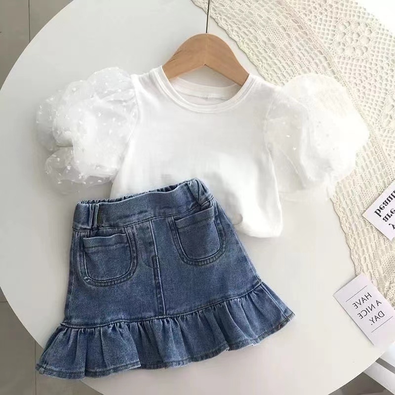 Conyson New Arrivals Summer Fashion Children Baby Designer Tshirt With Pleated Fishtail Denim Skirt Girls Kids Two Piece Sets