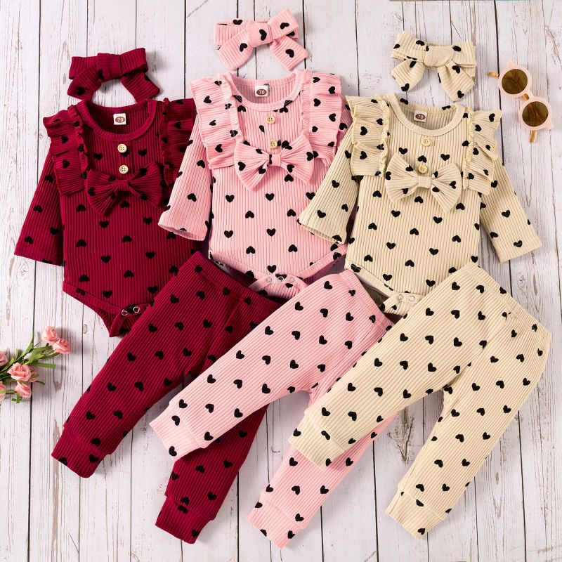 High Quality Children's Love Bow Costume Baby Long Sleeved Triangle Jumpsuit Baby Romper With Headwear