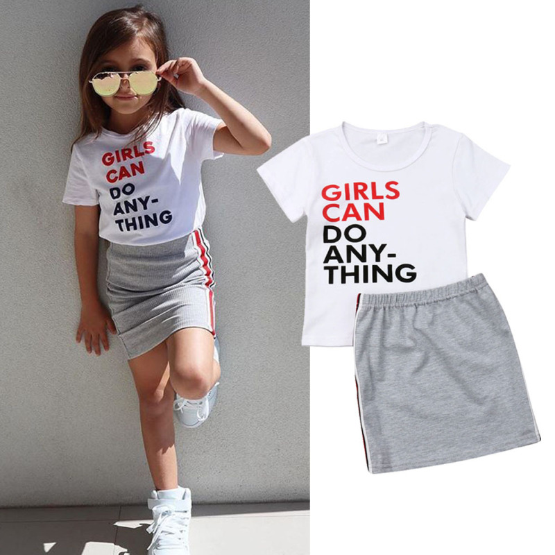 Hot Sale Fashion New Style Summer Kid Girls T Shirt Skirt Girls Outfits Clothing Set Two Piece Clothing Printing Kids Girls